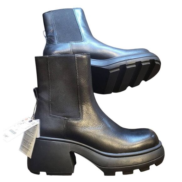 NWT Zara Boots Women's 8 Black Chelsea Genuine Leather Lug Sole Platform - Picture 2 of 6